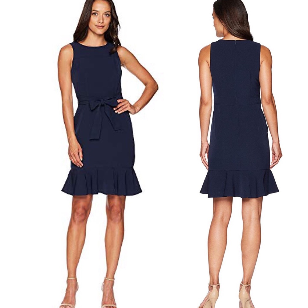 LONDON TIMES Ruffle Hem Sheath Dress Navy
